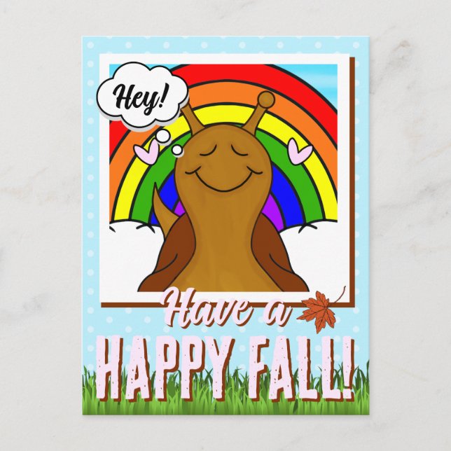 Cute Snail With Rainbow And Leaf Fall |  Postcard (Front)