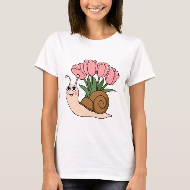 Cute Snail with Tulips Floral Spring Garden Design T-Shirt (Front)