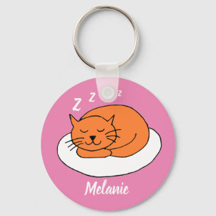 Cute Snoozing Cat Pink Key Ring