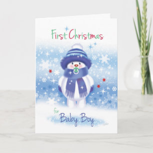 Cute snow baby, 1st Christmas, baby boy card