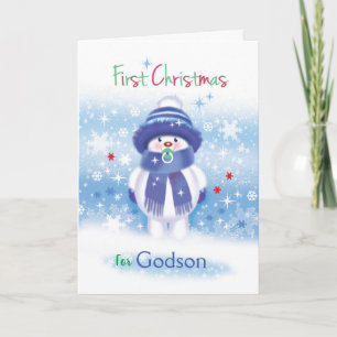 Cute snow baby, 1st Christmas, Godson card