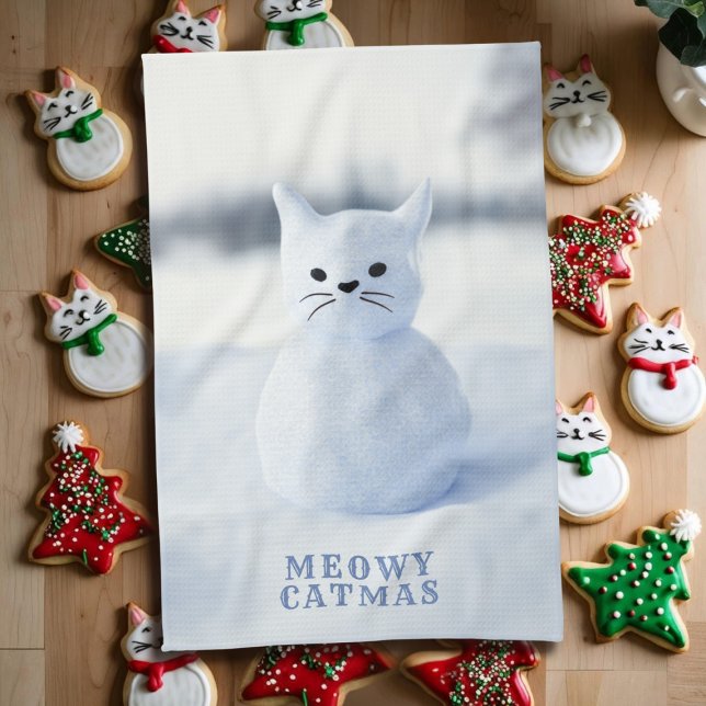 Cute Snow Cat Meowy Catmas Christmas Kitchen Towel (Meowy Catmas! A fun and festive kitchen towel for your cat theme holiday kitchen)