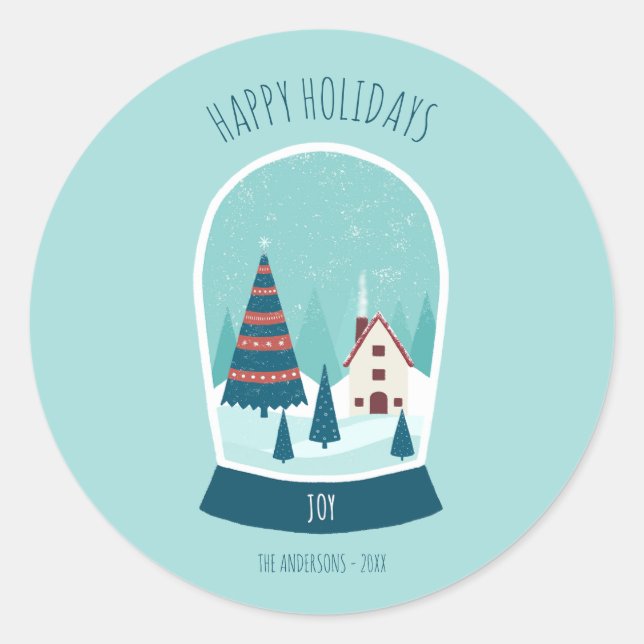 Cute Snow Globe Happy Holidays Classic Round Sticker (Front)