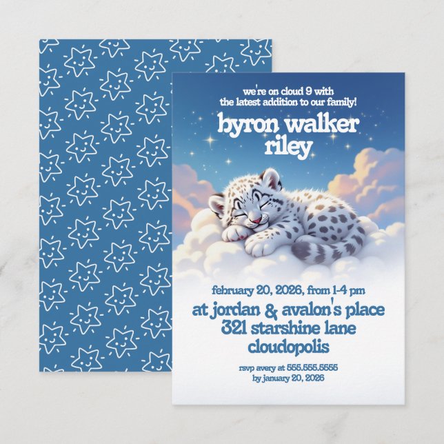 Cute Snow Leopard Asleep on Clouds Baby Shower Invitation (Front/Back)