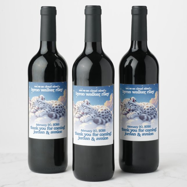 Cute Snow Leopard Asleep on Clouds Baby Shower Wine Label (Bottles)