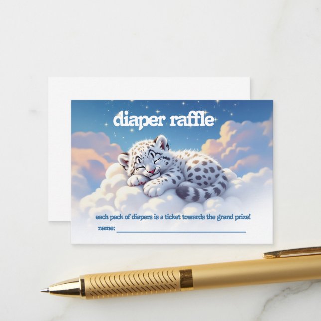 Cute Snow Leopard Asleep on Clouds Diaper Raffle Enclosure Card (Front/Back In Situ)