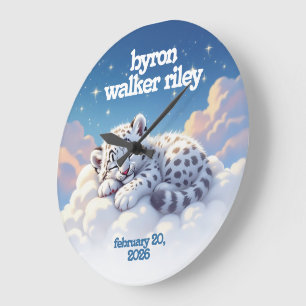 Cute Snow Leopard Asleep on Clouds Nursery Large Clock