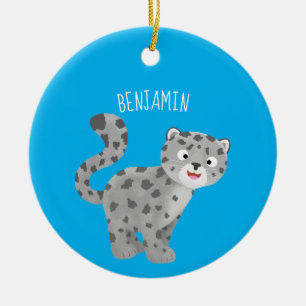 Cute snow leopard cartoon illustration ceramic ornament