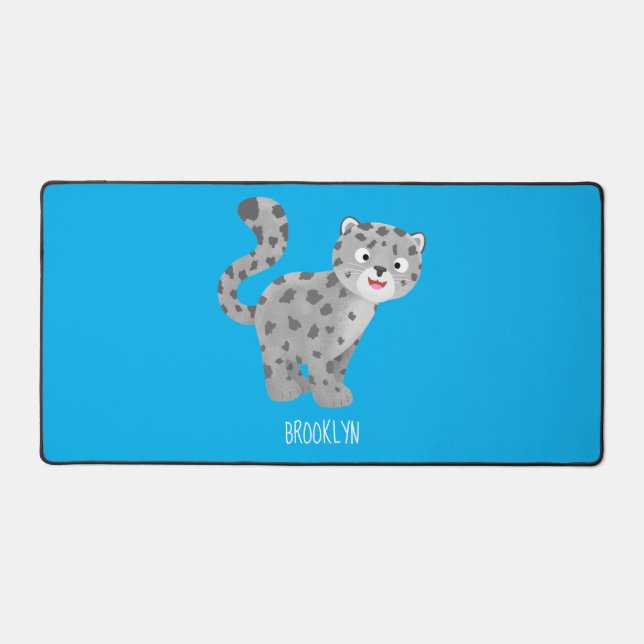 Cute snow leopard cartoon illustration desk mat (Front)