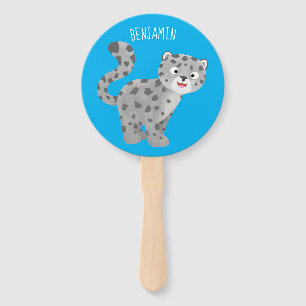 Cute snow leopard cartoon illustration hand fan