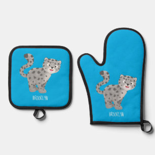 Cute snow leopard cartoon illustration oven mitt & pot holder set