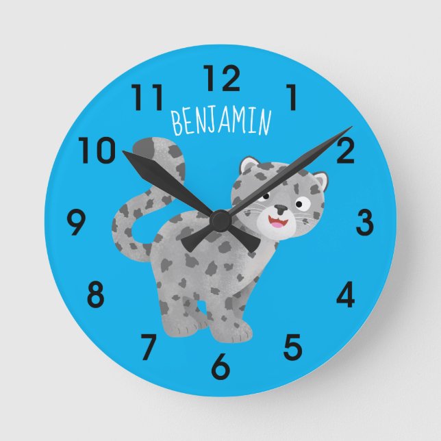 Cute snow leopard cartoon illustration round clock (Front)