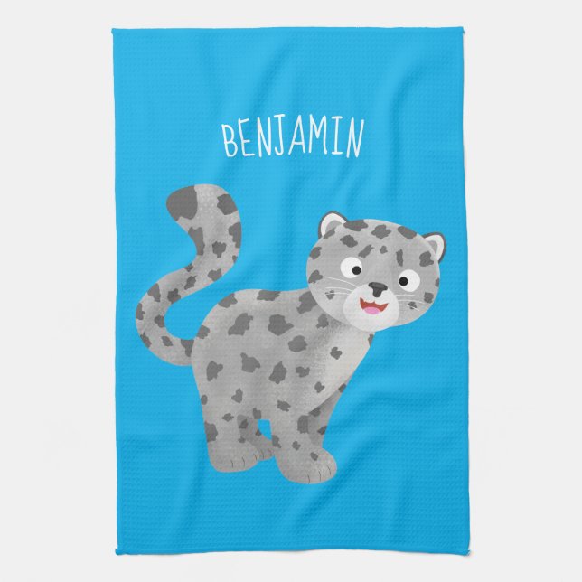 Cute snow leopard cartoon illustration tea towel (Vertical)
