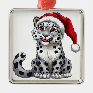 Cute Snow Leopard Cartoon in Santa Hat Metal Ornament