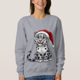 Cute Snow Leopard Cartoon in Santa Hat Sweatshirt