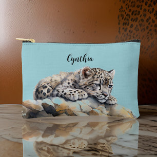 Cute Snow Leopard Cub And Light Blue Sky Monogram Accessory Pouch
