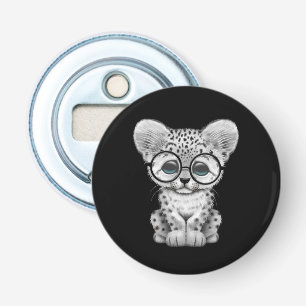 Cute Snow Leopard Cub Wearing Glasses on Black Bottle Opener
