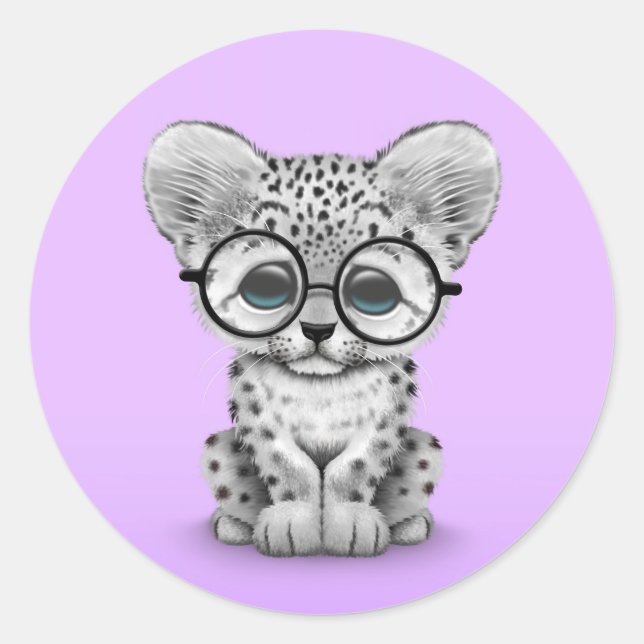 Cute Snow Leopard Cub Wearing Glasses on Purple Classic Round Sticker (Front)