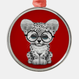 Cute Snow Leopard Cub Wearing Glasses on Red Metal Ornament