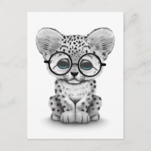 Cute Snow Leopard Cub Wearing Glasses on White Postcard