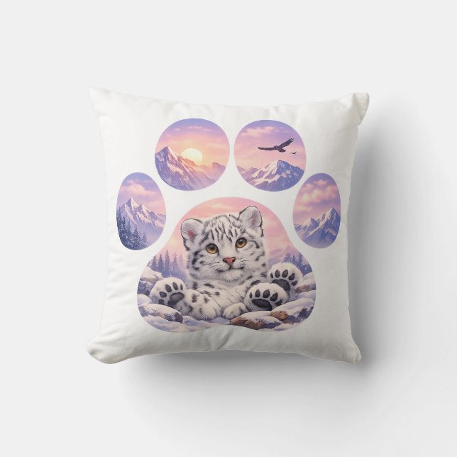 Cute Snow Leopard Paw Mountain Design Cushion (Front)