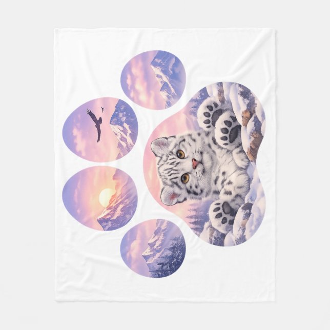 Cute Snow Leopard Paw Mountain Design Fleece Blanket (Front)