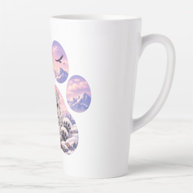 Cute Snow Leopard Paw Mountain Design Latte Mug (Right)