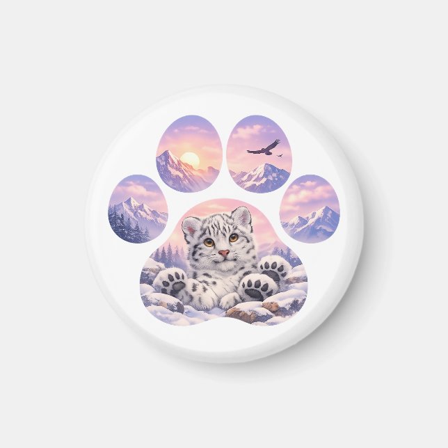 Cute Snow Leopard Paw Mountain Design Magnet (Front)