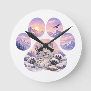 Cute Snow Leopard Paw Mountain Design Round Clock