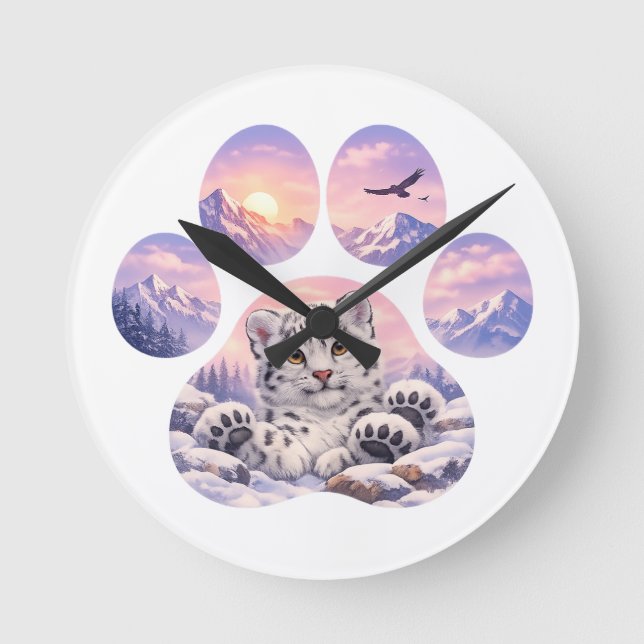 Cute Snow Leopard Paw Mountain Design Round Clock (Front)