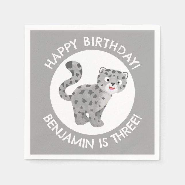 Cute snow leopard personalised cartoon birthday napkin (Front)