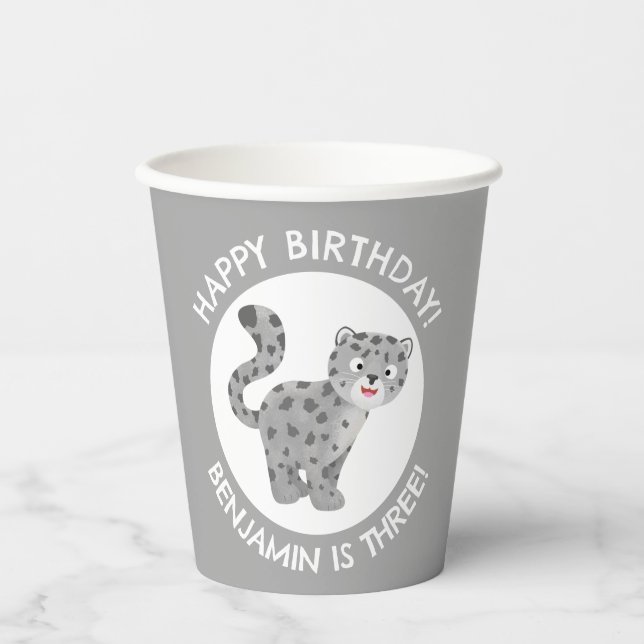 Cute snow leopard personalised cartoon birthday paper cups (Front)