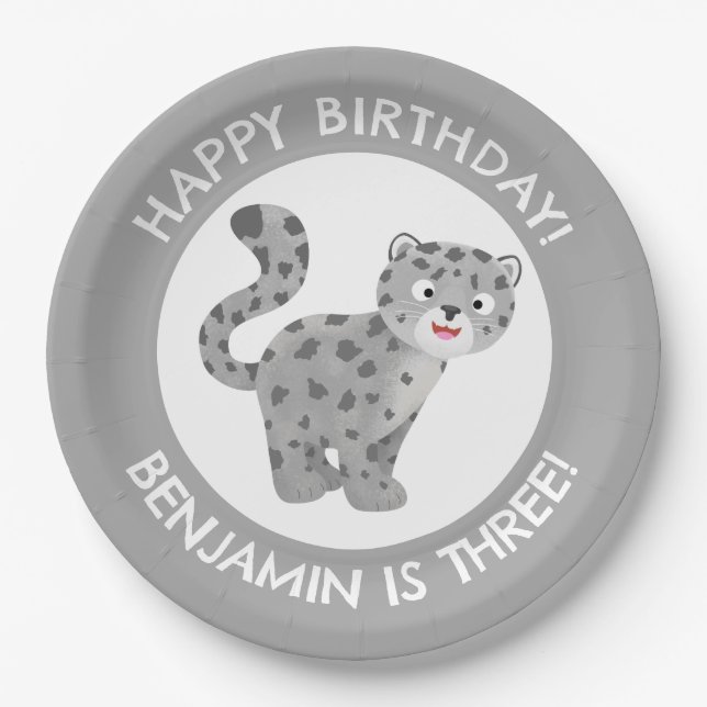 Cute snow leopard personalised cartoon birthday paper plate (Front)