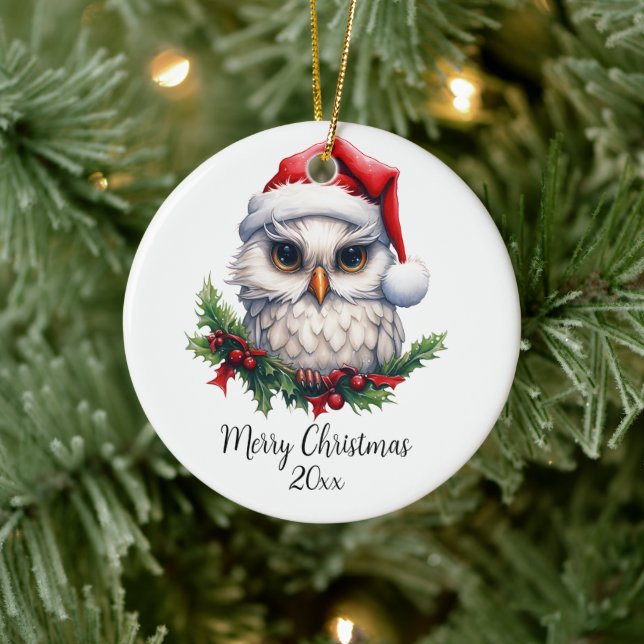 Cute Snow Owl in Santa Hat Holly Custom Ceramic Ornament (Tree)