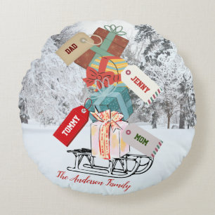 Cute Snow Winter Sleigh Red White Family Christmas Round Cushion