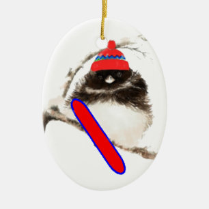 Cute Snowboard Bird in Hat, Christmas Humour, Ceramic Ornament