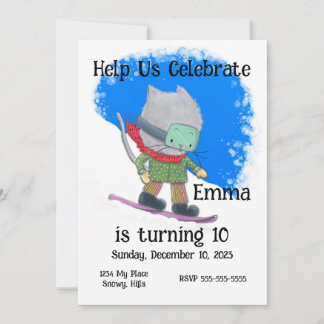 Cute Snowboarding Cat Birthday, Personalise  Invitation
