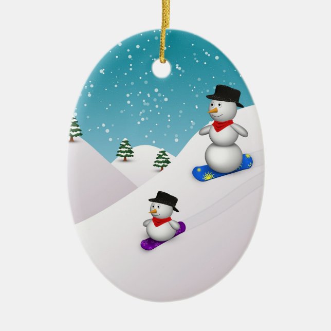 Cute Snowboarding Snowmen Ceramic Tree Decoration (Front)