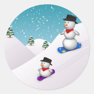Cute Snowboarding Snowmen Classic Round Sticker
