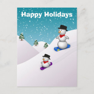 Cute Snowboarding Snowmen Happy Holiday Postcard
