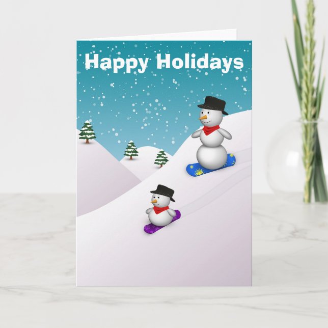Cute Snowboarding Snowmen Holiday Card (Front)