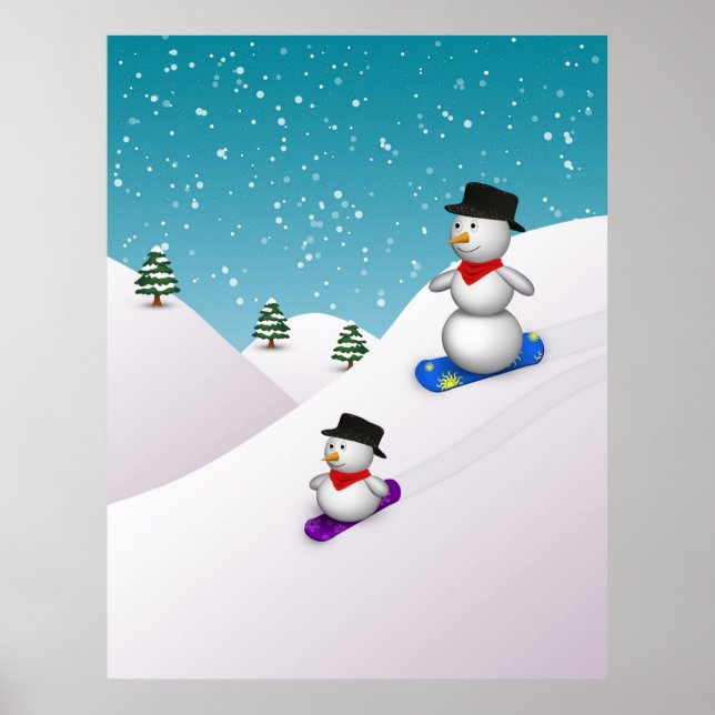 Cute Snowboarding Snowmen Poster (Front)