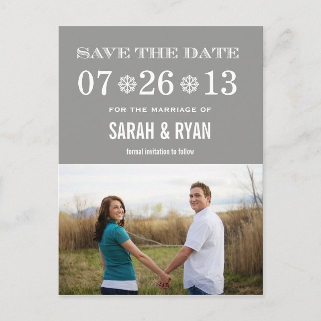 Cute Snowflake Grey Save the Date Photo Postcards (Front)