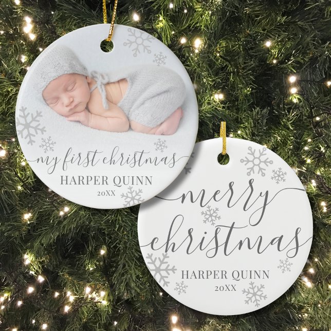 Cute Snowflakes Photo Baby My First Christmas Ceramic Ornament (Photo Simple Snowflake Baby's First Christmas Ceramic Ornament )