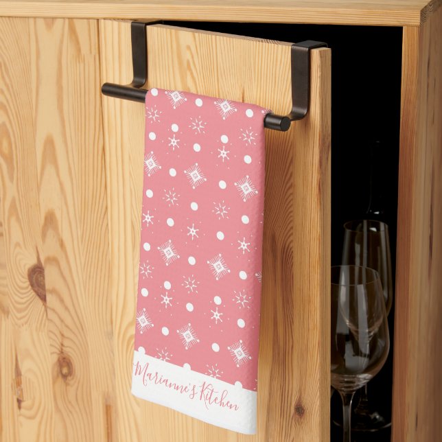 Cute Snowflakes Pink White Pattern Script Name   Tea Towel (Thirds Fold)
