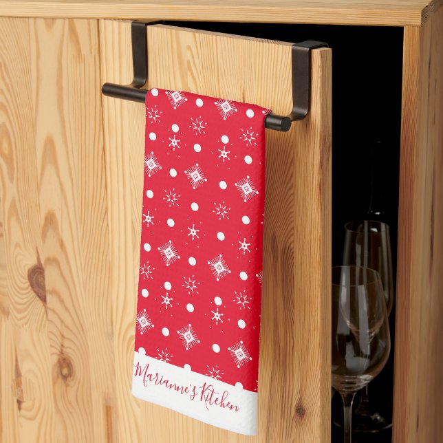 Cute Snowflakes  White Pattern Script Name   Red Tea Towel (Thirds Fold)