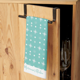 Cute Snowflakes White Pattern Script Name Teal Tea Towel