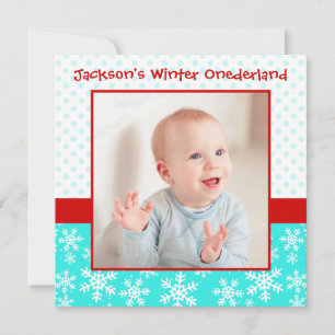 Cute Snowflakes Winter Onederland Photo Teal Red Invitation