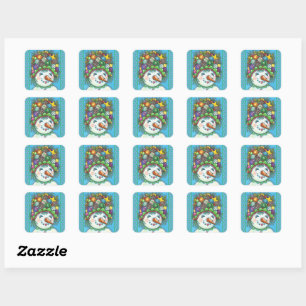 CUTE SNOWGIRL IN CHRISTMAS PARTY HAT, COLORFUL SQUARE STICKER