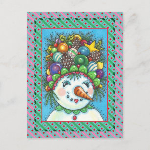 CUTE SNOWGIRL IN CHRISTMAS PARTY HAT, ORNAMENTS HOLIDAY POSTCARD